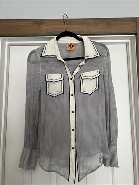 Tory Burch Gray Pinstripe Button-Down with Cream Trim